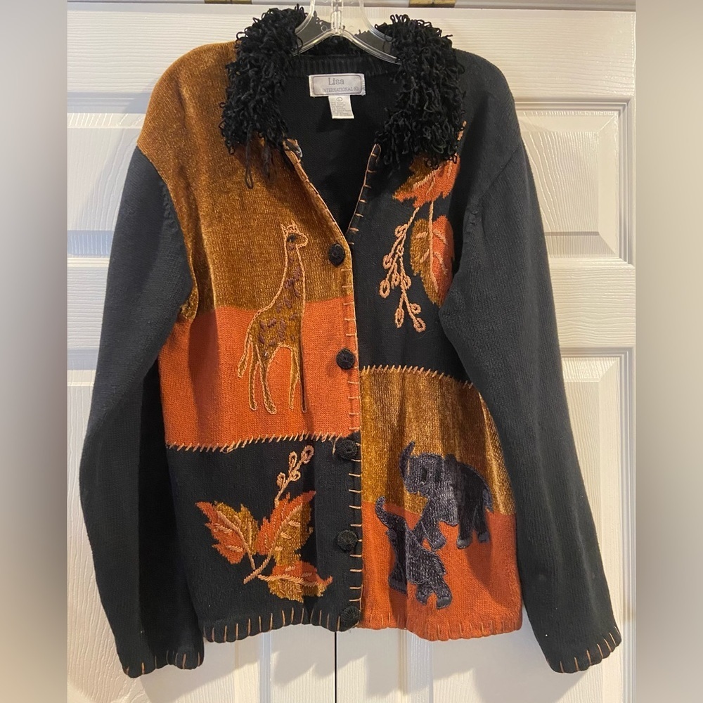 Lisa International Vintage Cardigan Sweater Elephant Giraffe Fall Leaves Size L